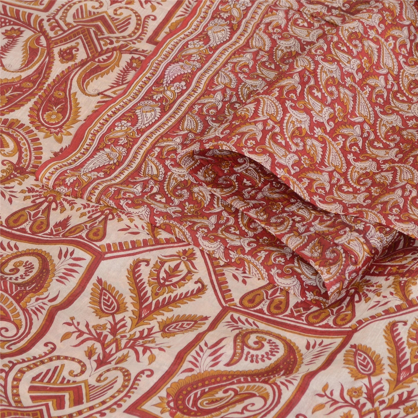 Sanskriti Vintage Sarees Red Quilting Felting Craft Fabric Pure Silk Print Sari