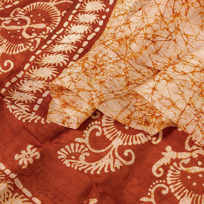 Sanskriti Vintage Sarees Indian Cream Batik Printed Pure Silk Sari Craft Sustainable Fabric