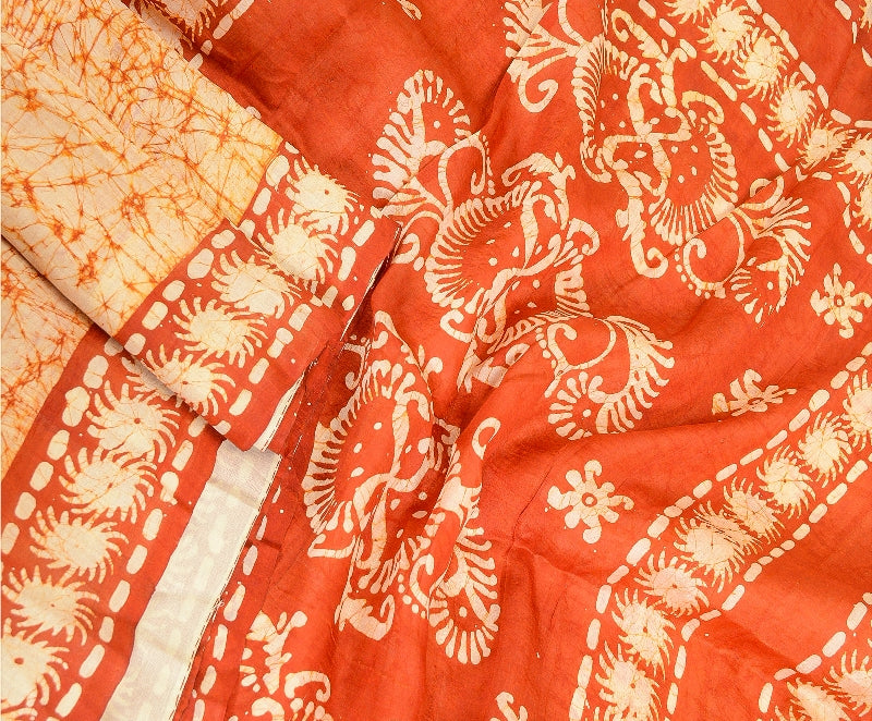 Sanskriti Vintage Sarees Indian Cream Batik Printed Pure Silk Sari Craft Sustainable Fabric