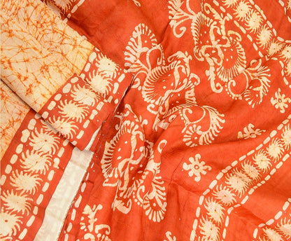 Sanskriti Vintage Sarees Indian Cream Batik Printed Pure Silk Sari Craft Sustainable Fabric