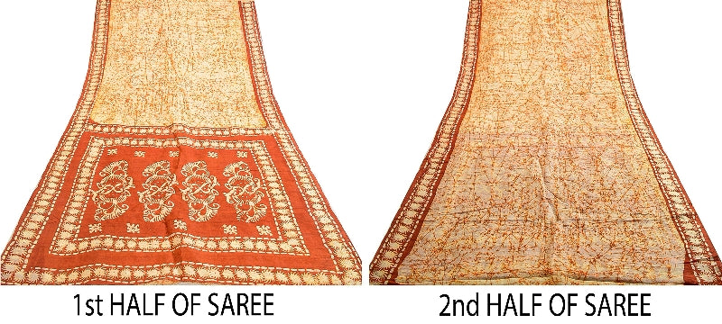 Sanskriti Vintage Sarees Indian Cream Batik Printed Pure Silk Sari Craft Sustainable Fabric
