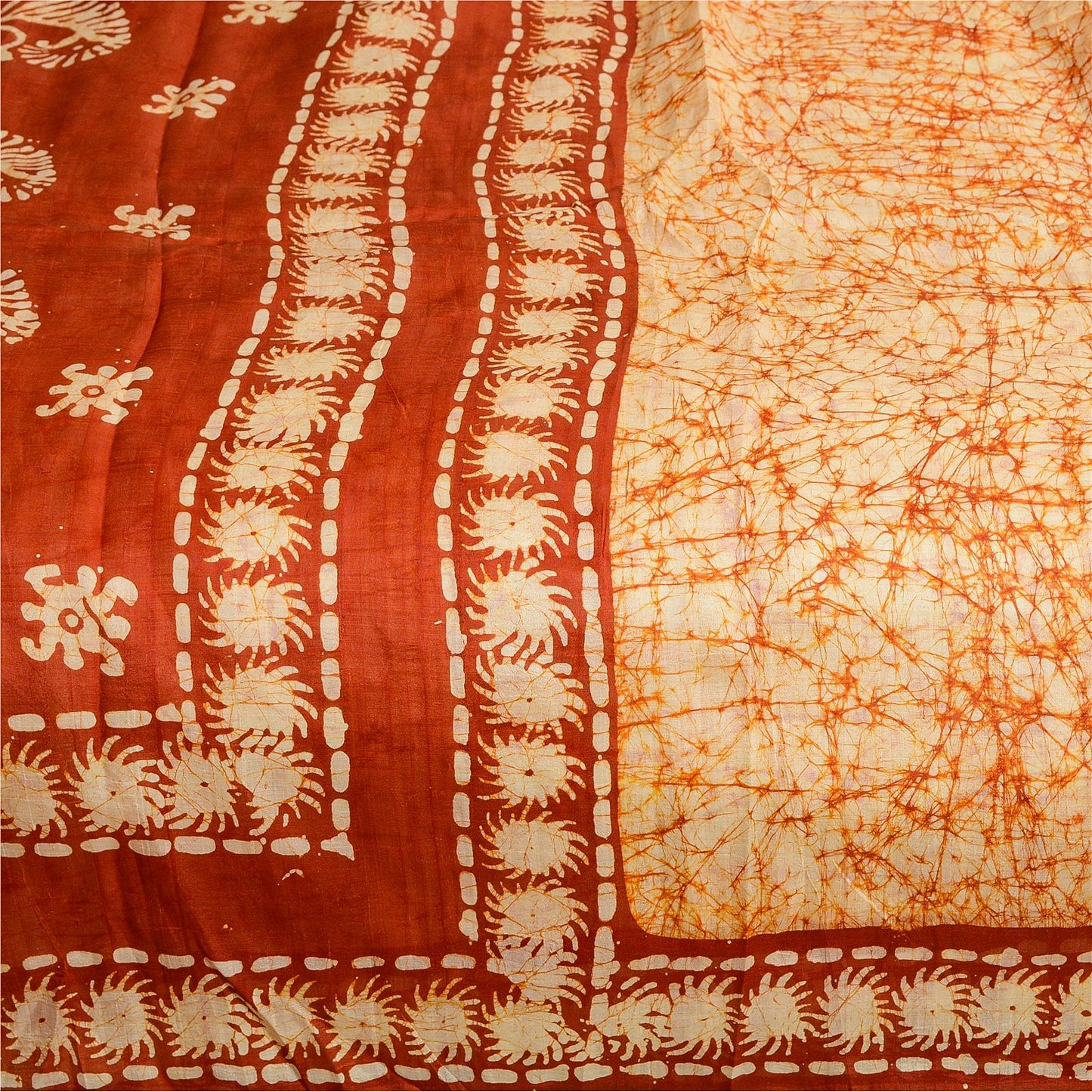 Sanskriti Vintage Sarees Indian Cream Batik Printed Pure Silk Sari Craft Sustainable Fabric