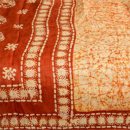 Sanskriti Vintage Sarees Indian Cream Batik Printed Pure Silk Sari Craft Sustainable Fabric