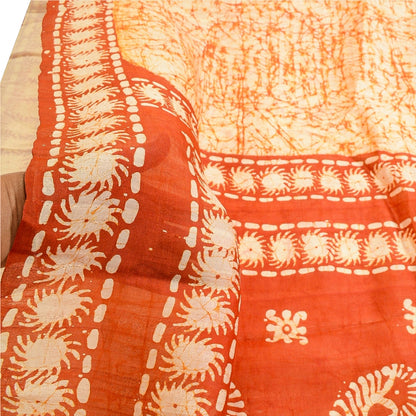 Sanskriti Vintage Sarees Indian Cream Batik Printed Pure Silk Sari Craft Sustainable Fabric