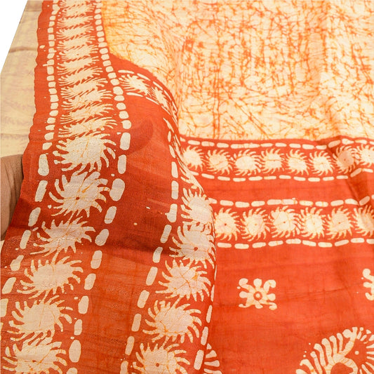 Sanskriti Vintage Sarees Indisk Cremefarvet Batik Trykt Ren Silke Sari Håndværk Bæredygtigt Stof