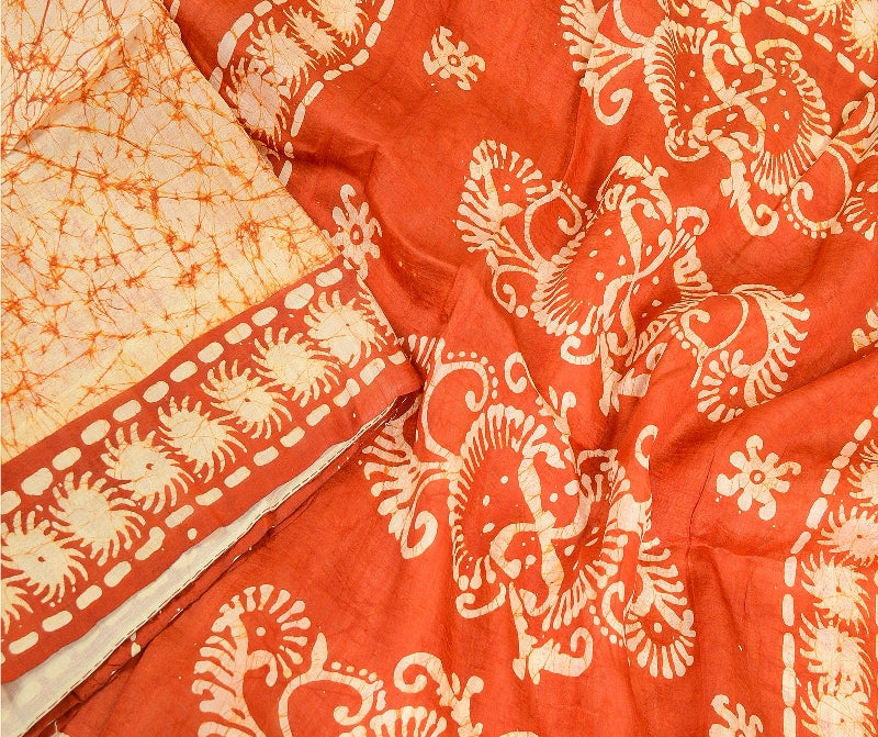 Sanskriti Vintage Sarees Indian Cream Batik Printed Pure Silk Sari Craft Sustainable Fabric