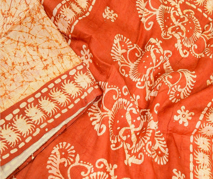 Sanskriti Vintage Sarees Indian Cream Batik Printed Pure Silk Sari Craft Sustainable Fabric