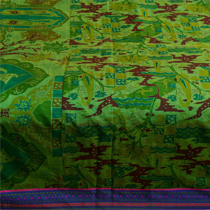 Sanskriti Vintage Sarees From India Green Printed Pure Silk Sari Craft Sustainable Fabric