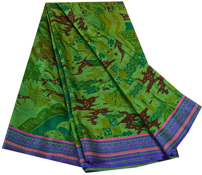 Sanskriti Vintage Sarees From India Green Printed Pure Silk Sari Craft Sustainable Fabric