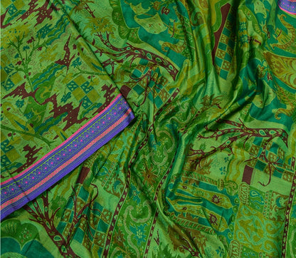 Sanskriti Vintage Sarees From India Green Printed Pure Silk Sari Craft Sustainable Fabric