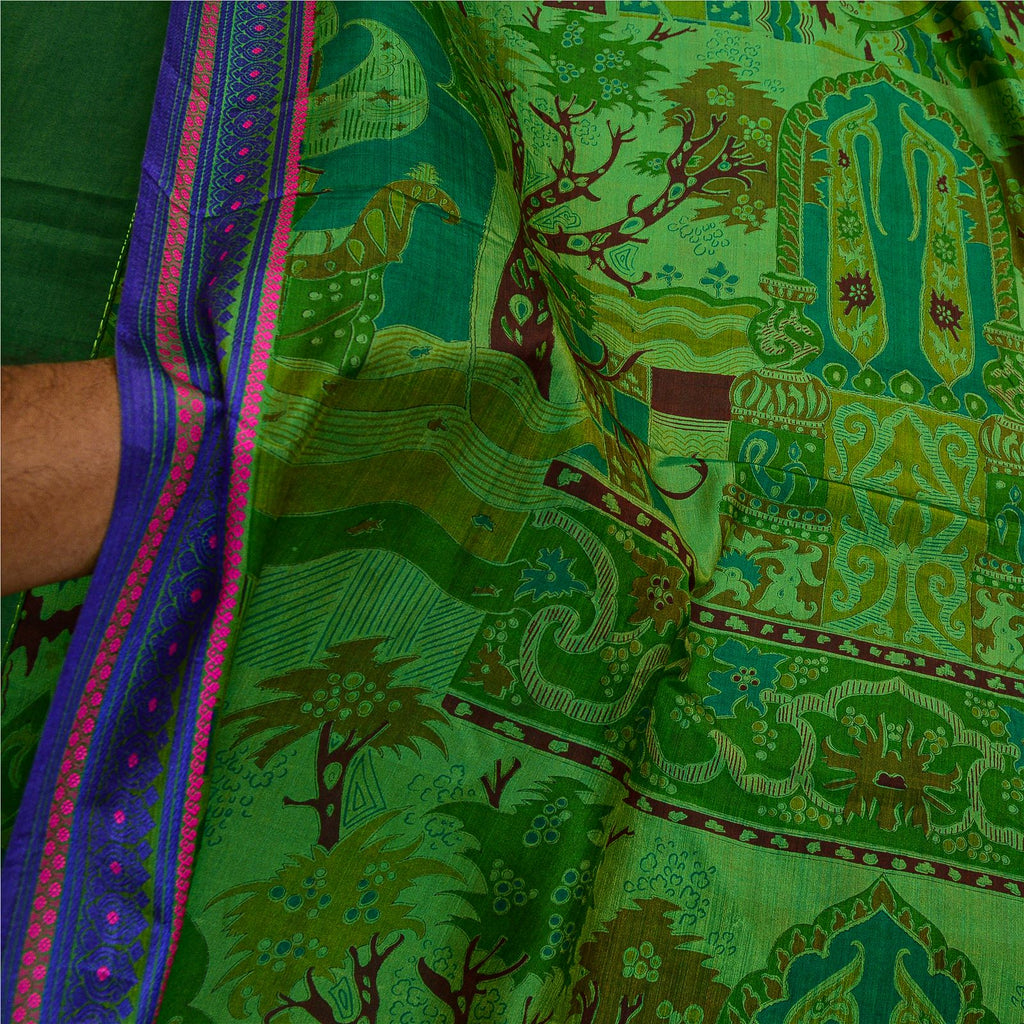 Sanskriti Vintage Sarees From India Green Printed Pure Silk Sari Craft Sustainable Fabric