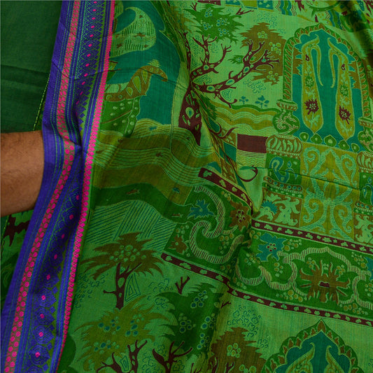 Sanskriti Vintage Sarees From India Green Printed Pure Silk Sari Craft Sustainable Fabric