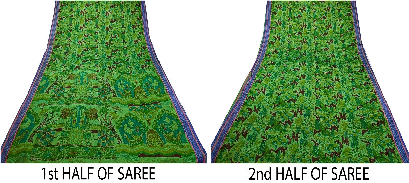 Sanskriti Vintage Sarees From India Green Printed Pure Silk Sari Craft Sustainable Fabric