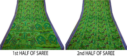 Sanskriti Vintage Sarees From India Green Printed Pure Silk Sari Craft Sustainable Fabric