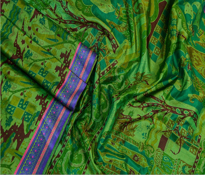 Sanskriti Vintage Sarees From India Green Printed Pure Silk Sari Craft Sustainable Fabric