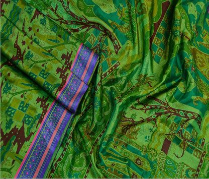 Sanskriti Vintage Sarees From India Green Printed Pure Silk Sari Craft Sustainable Fabric