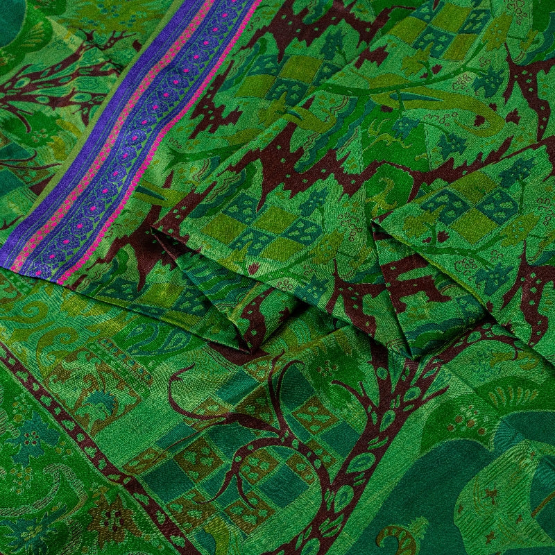 Sanskriti Vintage Sarees From India Green Printed Pure Silk Sari Craft Sustainable Fabric