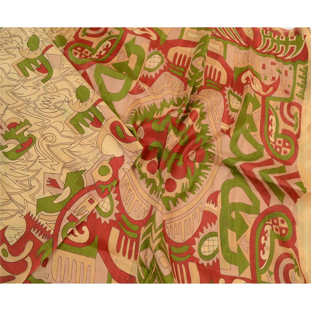 Sanskriti Vintage Sarees Cream Pure Silk Abstract Printed Sari 6 YD Craft Fabric