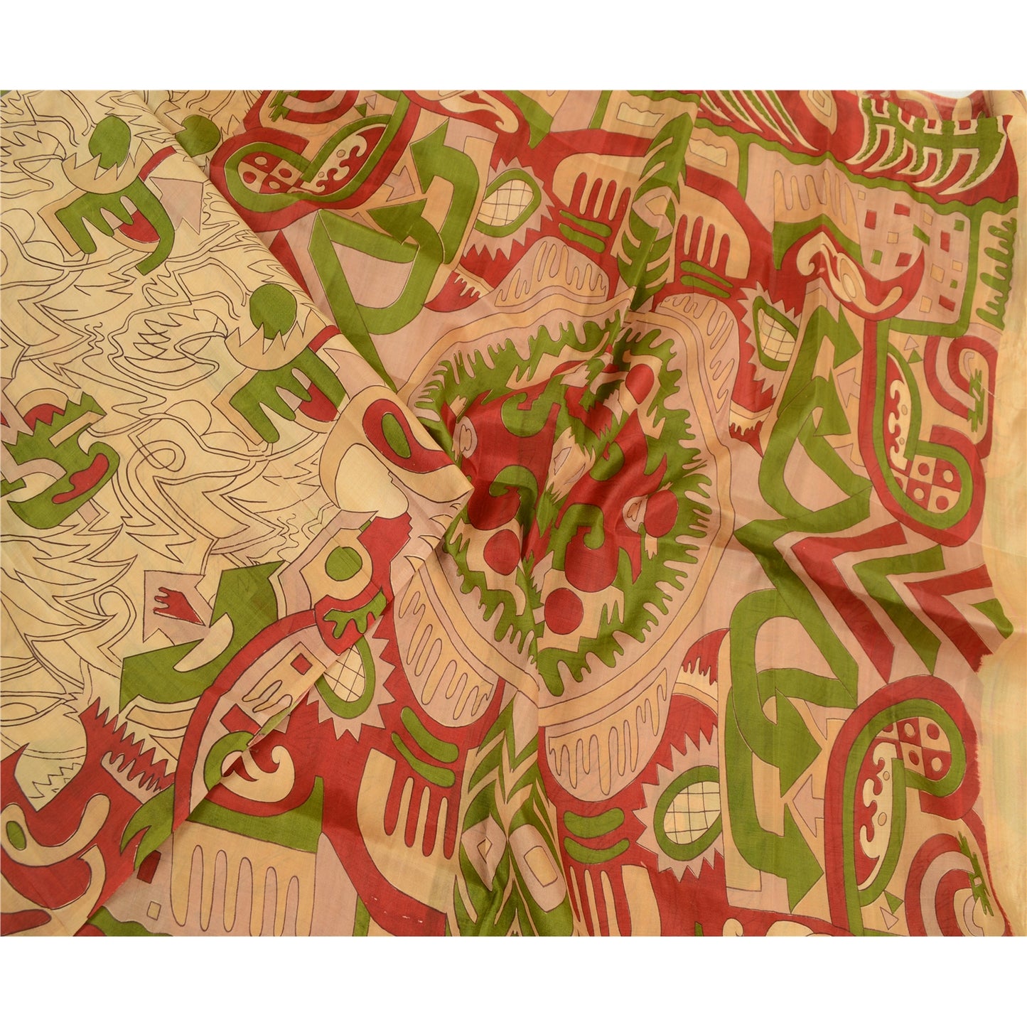 Sanskriti Vintage Sarees Cream Pure Silk Abstract Printed Sari 6 YD Craft Fabric
