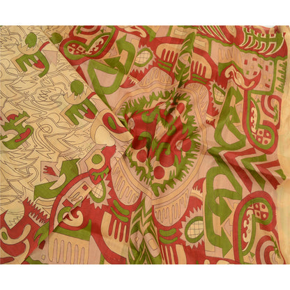 Sanskriti Vintage Sarees Cream Pure Silk Abstract Printed Sari 6 YD Craft Fabric