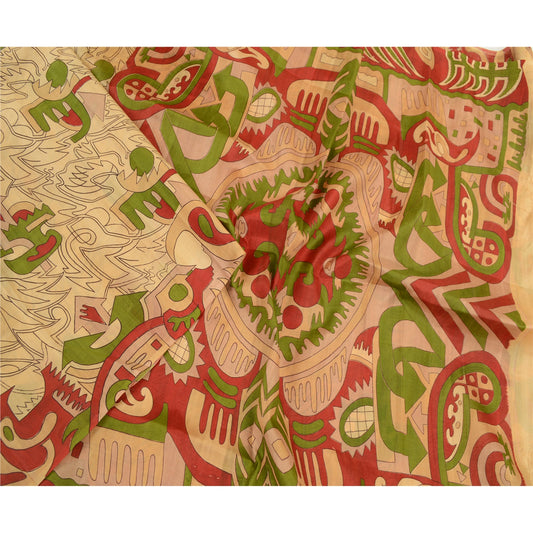 Sanskriti Vintage Sarees Cream Pure Silk Abstract Printed Sari 6 YD Craft Fabric