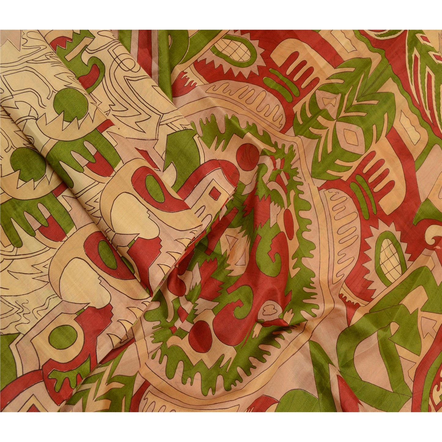 Sanskriti Vintage Sarees Cream Pure Silk Abstract Printed Sari 6 YD Craft Fabric