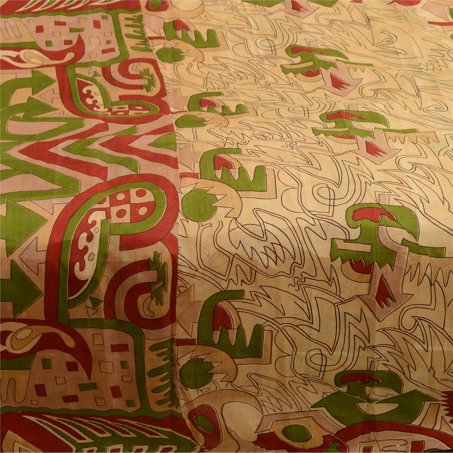 Sanskriti Vintage Sarees Cream Pure Silk Abstract Printed Sari 6 YD Craft Fabric