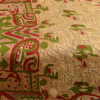 Sanskriti Vintage Sarees Cream Pure Silk Abstract Printed Sari 6 YD Craft Fabric