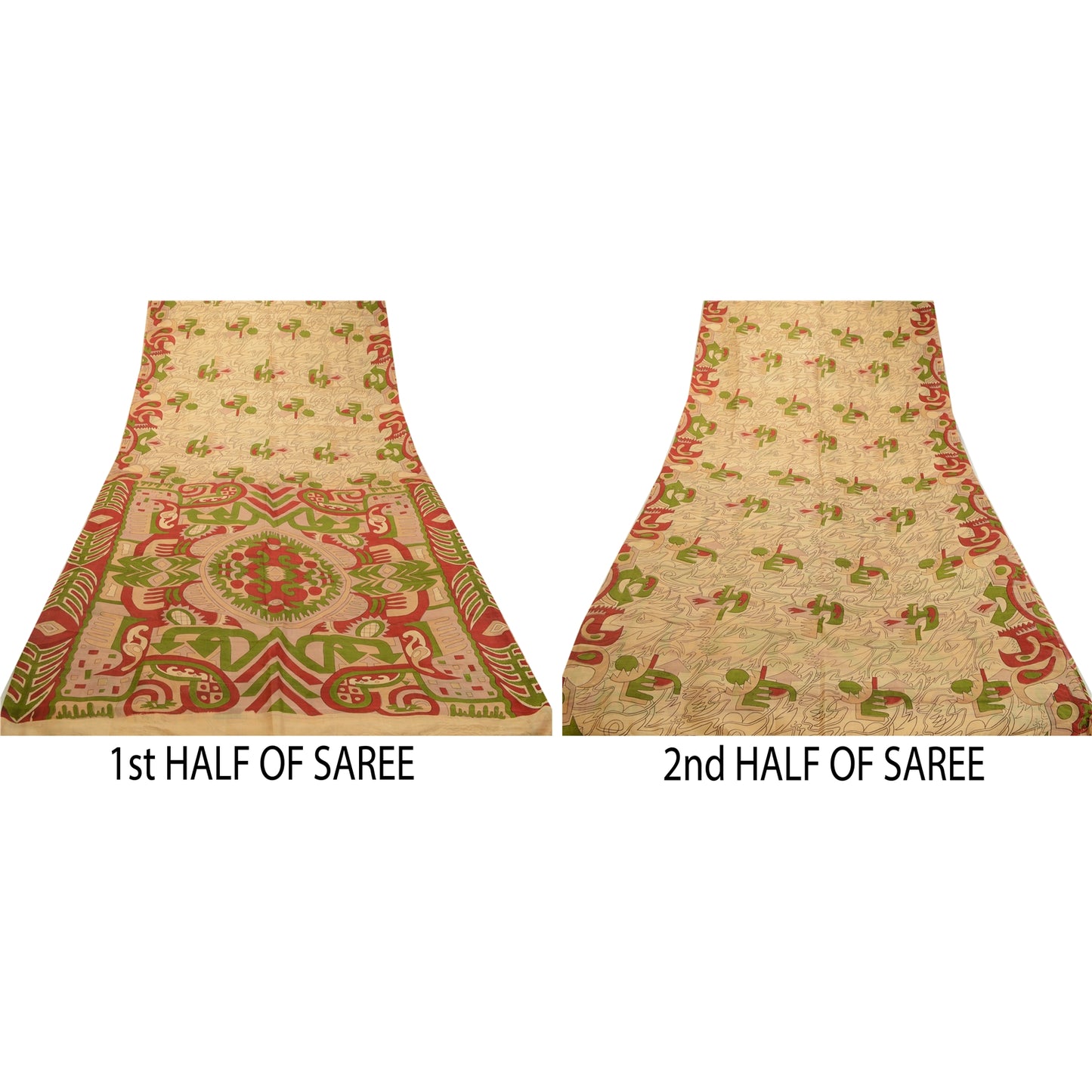 Sanskriti Vintage Sarees Cream Pure Silk Abstract Printed Sari 6 YD Craft Fabric