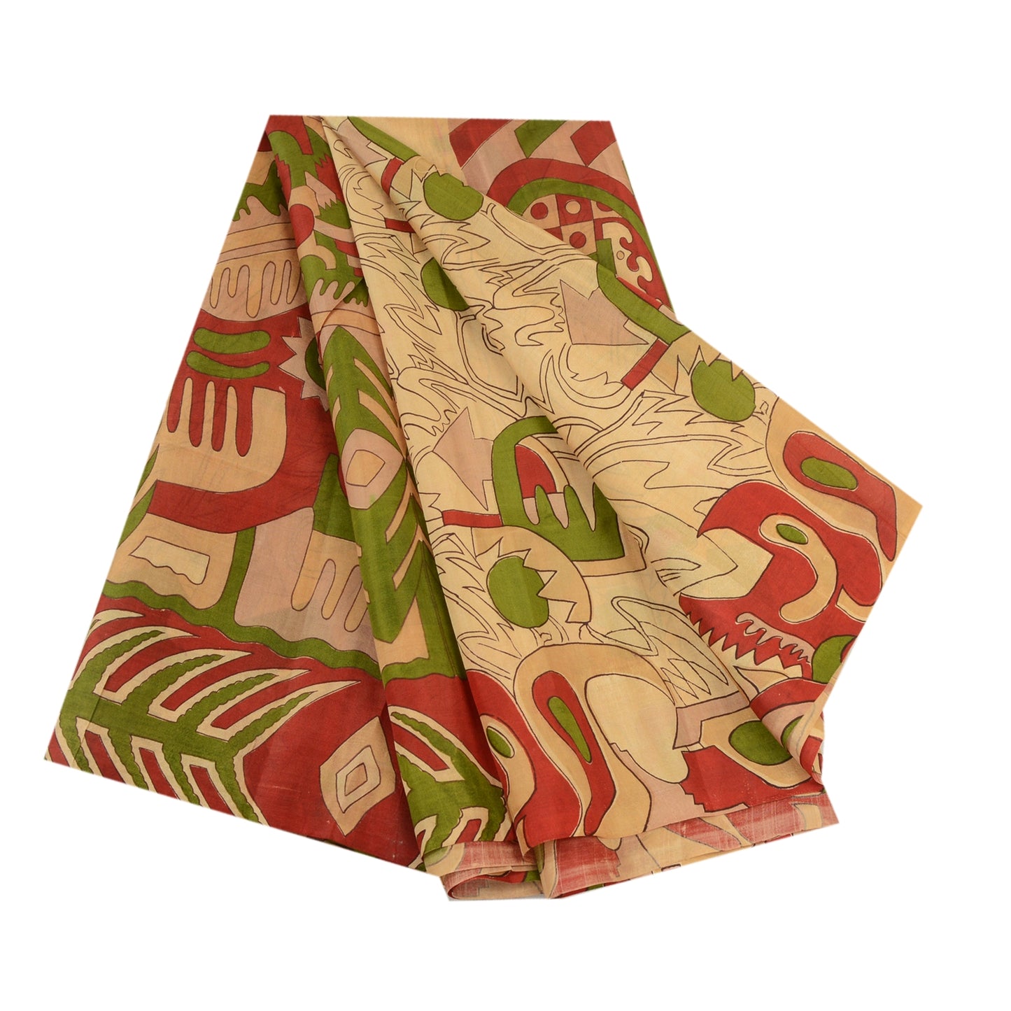 Sanskriti Vintage Sarees Cream Pure Silk Abstract Printed Sari 6 YD Craft Fabric