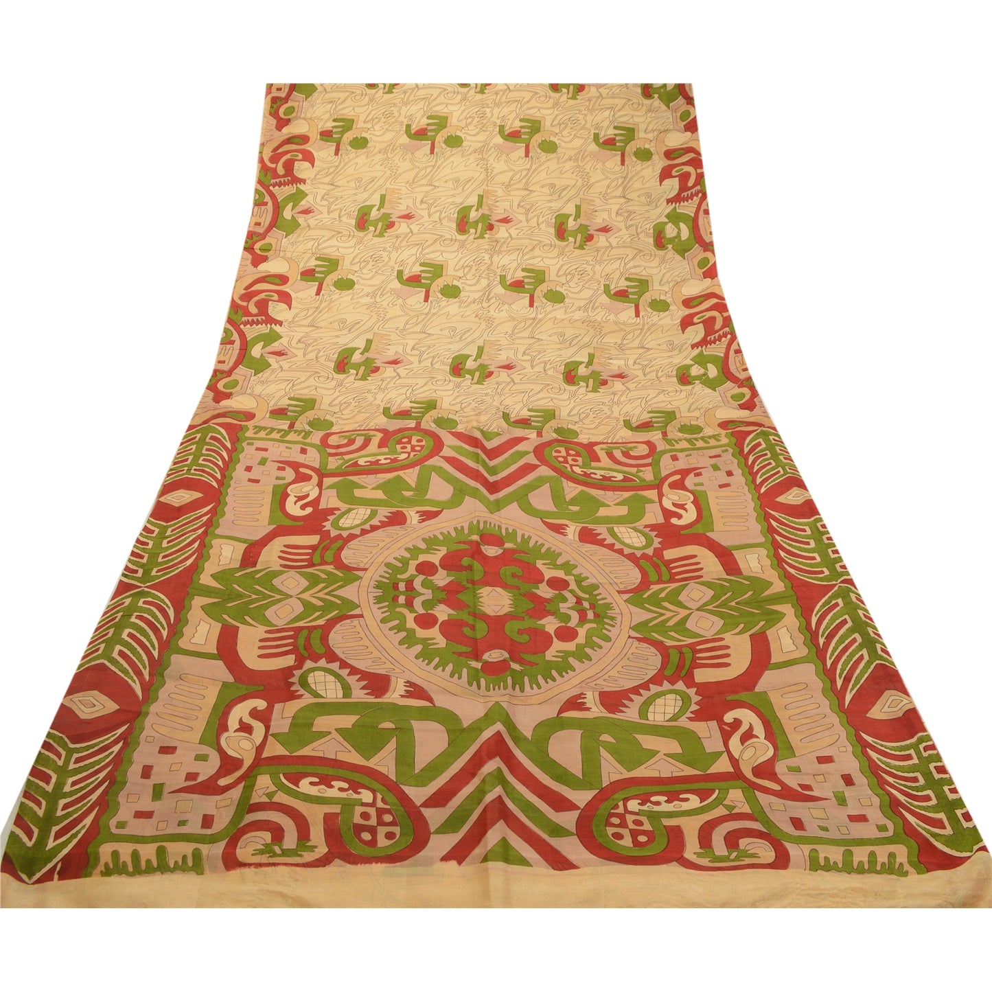Sanskriti Vintage Sarees Cream Pure Silk Abstract Printed Sari 6 YD Craft Fabric