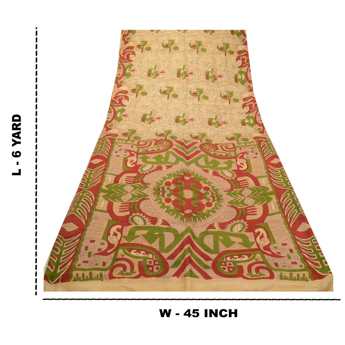Sanskriti Vintage Sarees Cream Pure Silk Abstract Printed Sari 6 YD Craft Fabric