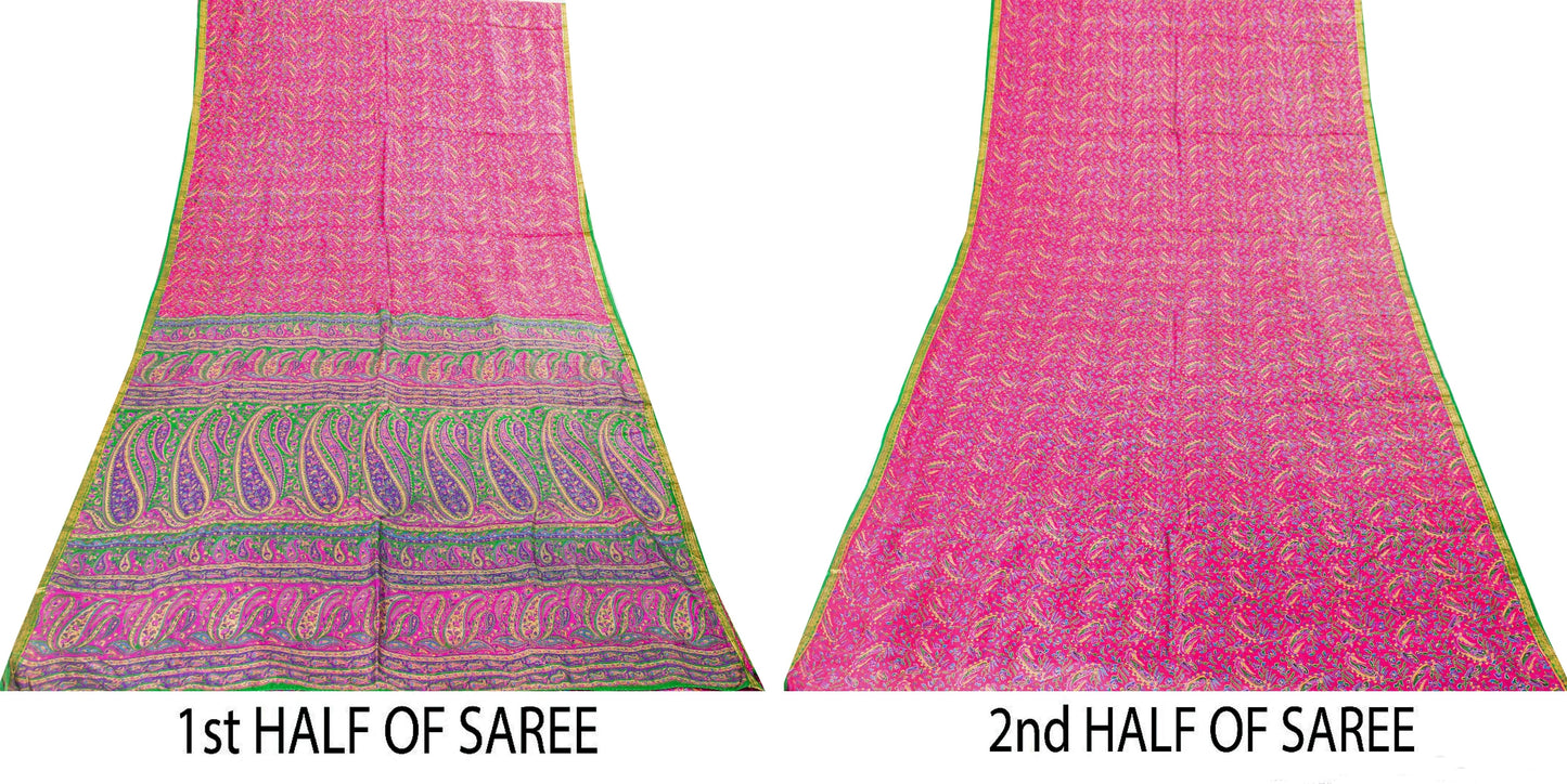 Санскритские винтажные сари розовые индийские 100% чистый шелк напечатанные сари ремесло устойчивая ткань