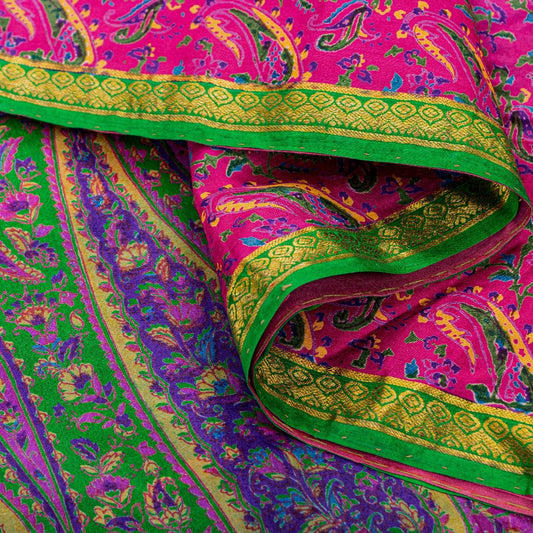 Sanskriti Vintage Sarees Pink Indian 100% Pure Silk Printed Sari Craft Sustainable Fabric