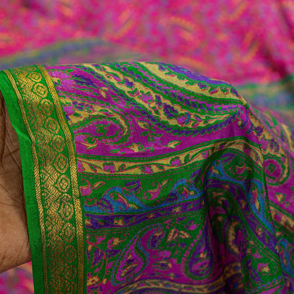 Санскритские винтажные сари розовые индийские 100% чистый шелк напечатанные сари ремесло устойчивая ткань