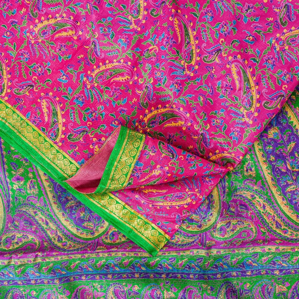 Санскритские винтажные сари розовые индийские 100% чистый шелк напечатанные сари ремесло устойчивая ткань