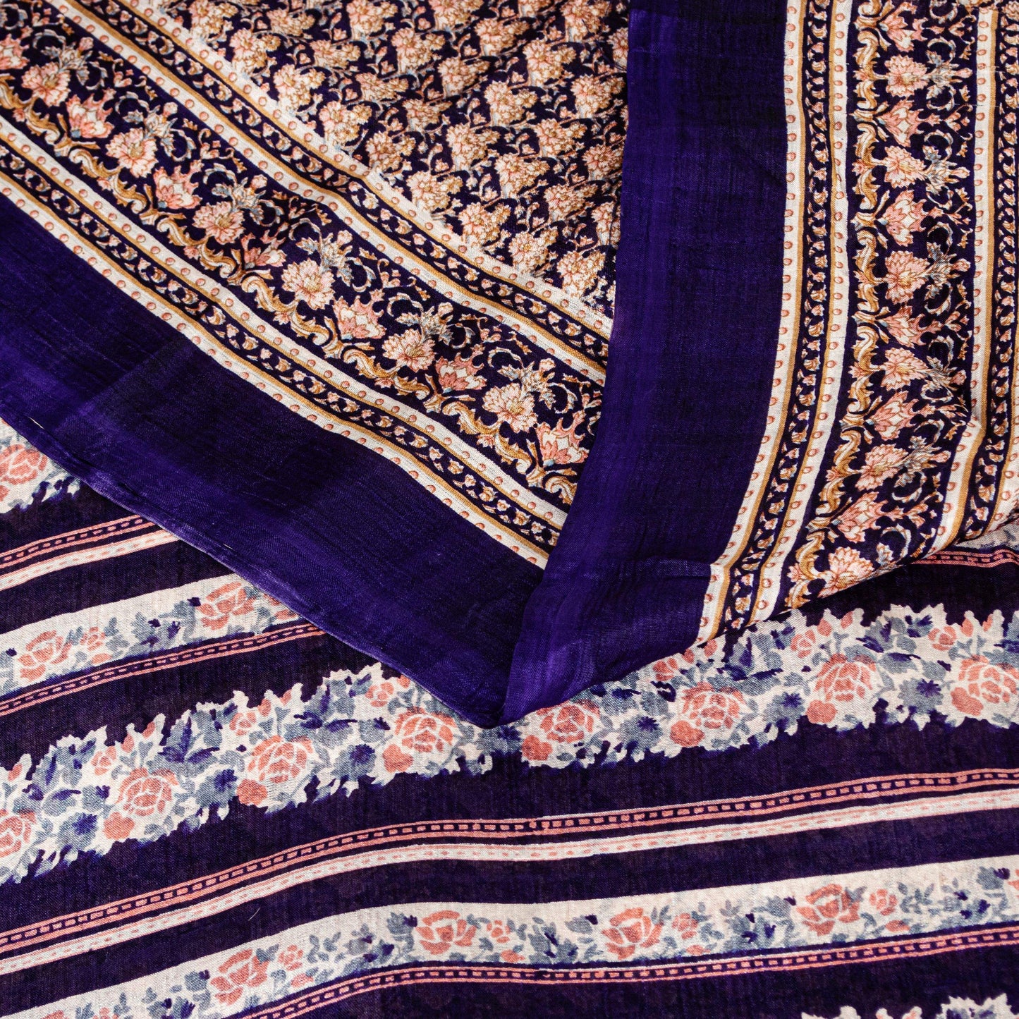 Sanskriti Vintage Sarees Blue Indian Printed Pure Silk Sari Floral Craft Sustainable Fabric