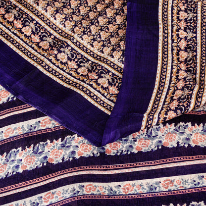 Sanskriti Vintage Sarees Blue Indian Printed Pure Silk Sari Floral Craft Sustainable Fabric