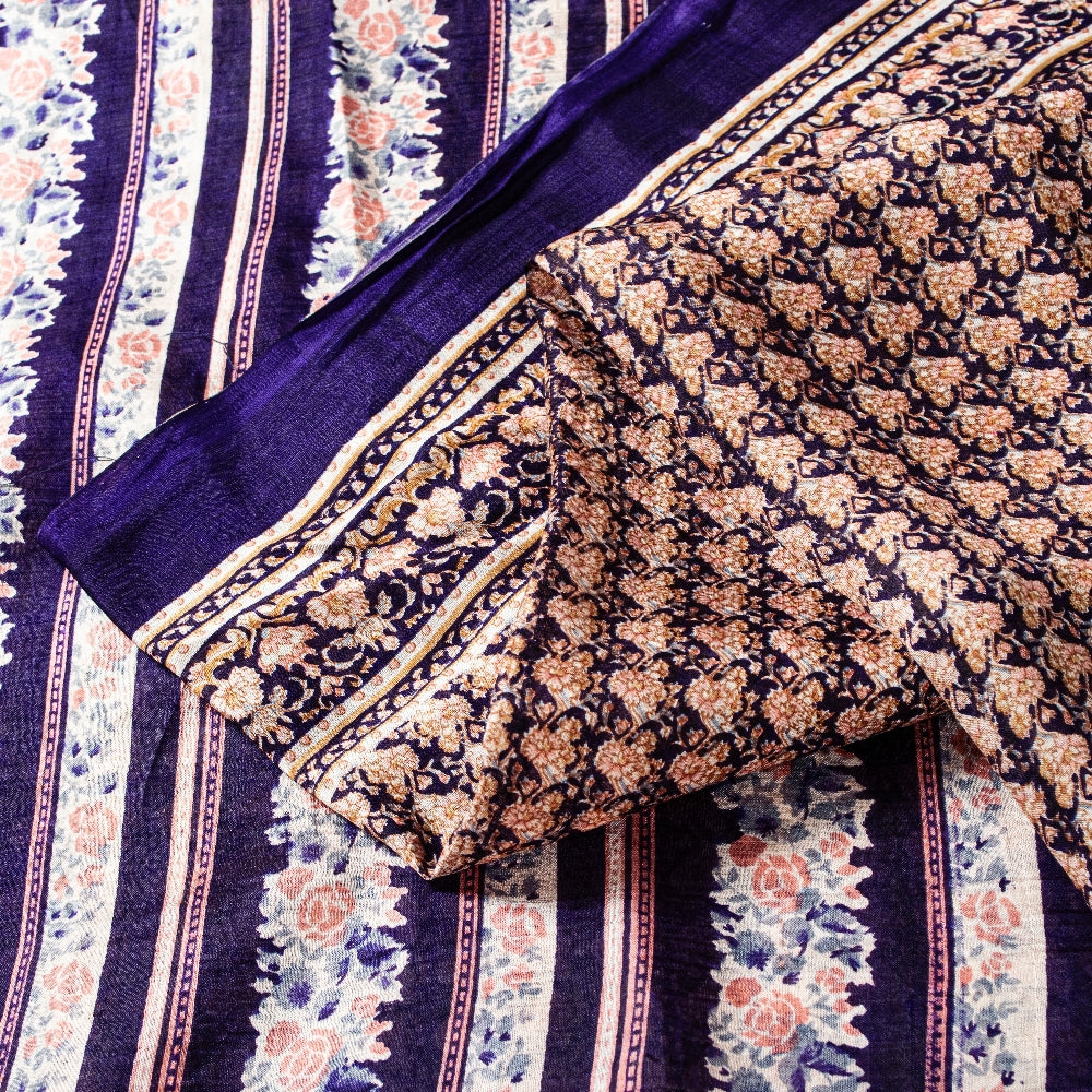 Sanskriti Vintage Sarees Blue Indian Printed Pure Silk Sari Floral Craft Sustainable Fabric