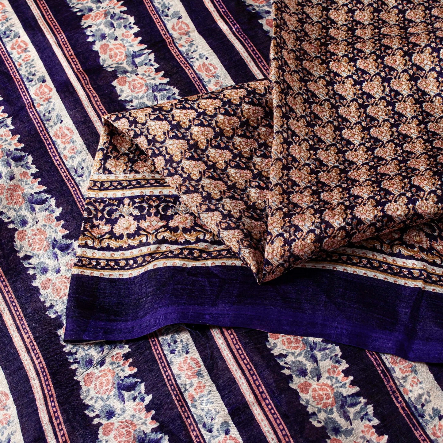 Sanskriti Vintage Sarees Blue Indian Printed Pure Silk Sari Floral Craft Sustainable Fabric