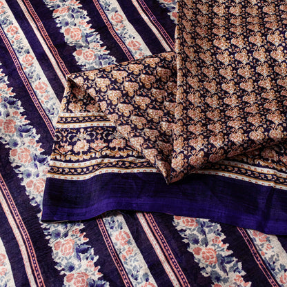 Sanskriti Vintage Sarees Blue Indian Printed Pure Silk Sari Floral Craft Sustainable Fabric