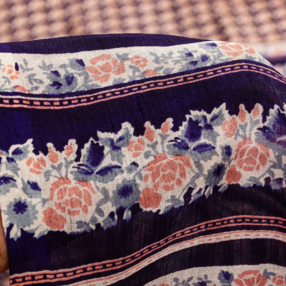 Sanskriti Vintage Sarees Blue Indian Printed Pure Silk Sari Floral Craft Sustainable Fabric