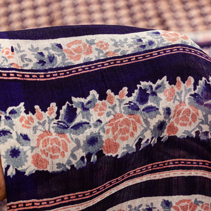 Sanskriti Vintage Sarees Blue Indian Printed Pure Silk Sari Floral Craft Sustainable Fabric