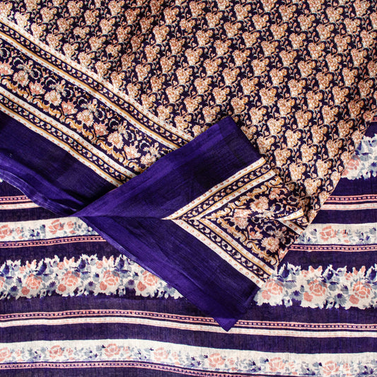 Sanskriti Vintage Sarees Blå Indisk Trykt Ren Silke Sari Blomsterhåndværk Bæredygtigt Stof