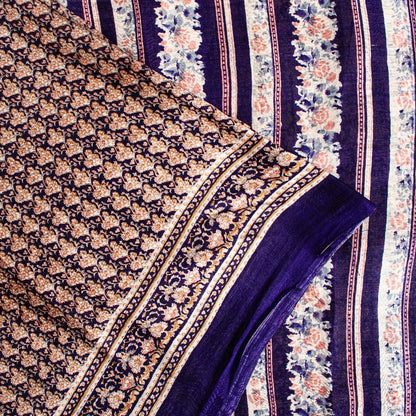 Sanskriti Vintage Sarees Blue Indian Printed Pure Silk Sari Floral Craft Sustainable Fabric