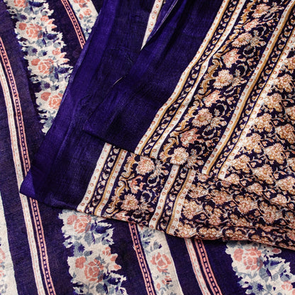 Sanskriti Vintage Sarees Blue Indian Printed Pure Silk Sari Floral Craft Sustainable Fabric