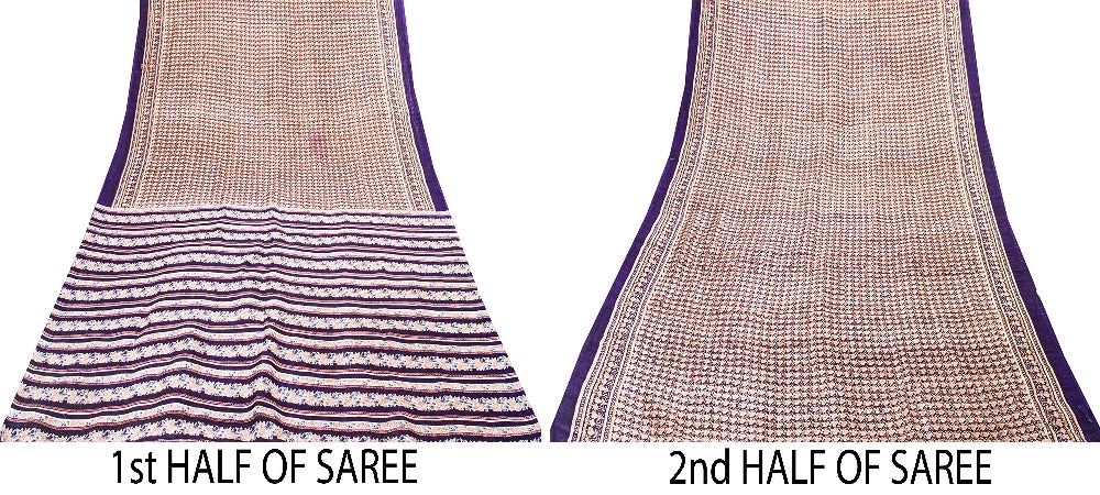 Sanskriti Vintage Sarees Blue Indian Printed Pure Silk Sari Floral Craft Sustainable Fabric