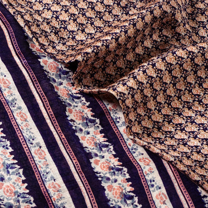 Sanskriti Vintage Sarees Blue Indian Printed Pure Silk Sari Floral Craft Sustainable Fabric