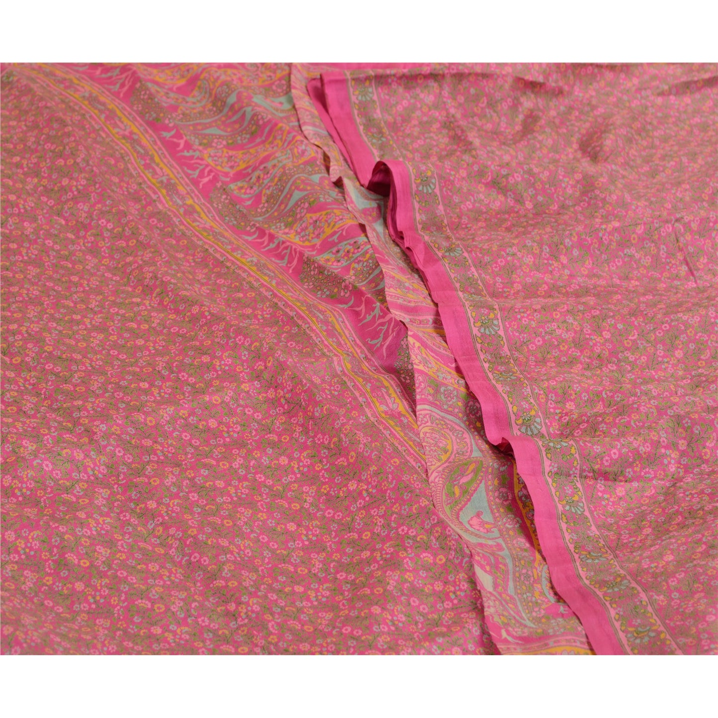 Sanskriti Vintage Sarees Pink Quilting Felting Craft Fabric Pure Silk Print Sari