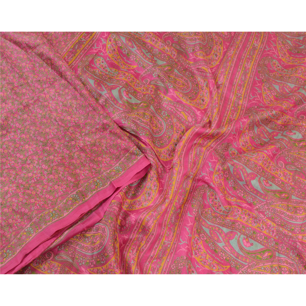 Sanskriti Vintage Sarees Pink Quilting Felting Craft Fabric Pure Silk Print Sari